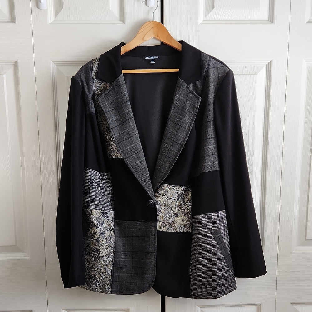Vintage Notations Gray Patchwork One Button Blaze… - image 1
